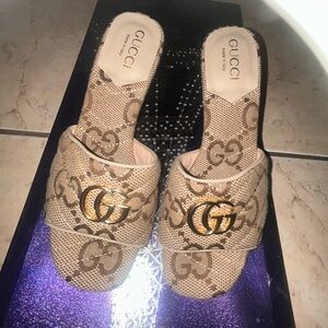 Women's Tan GG Pattern Slide Sandals